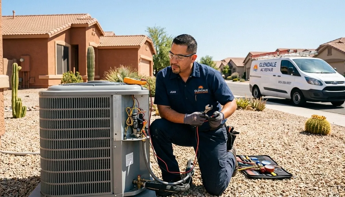 Professional AC repair technician servicing air conditioner unit in Phoenix, AZ