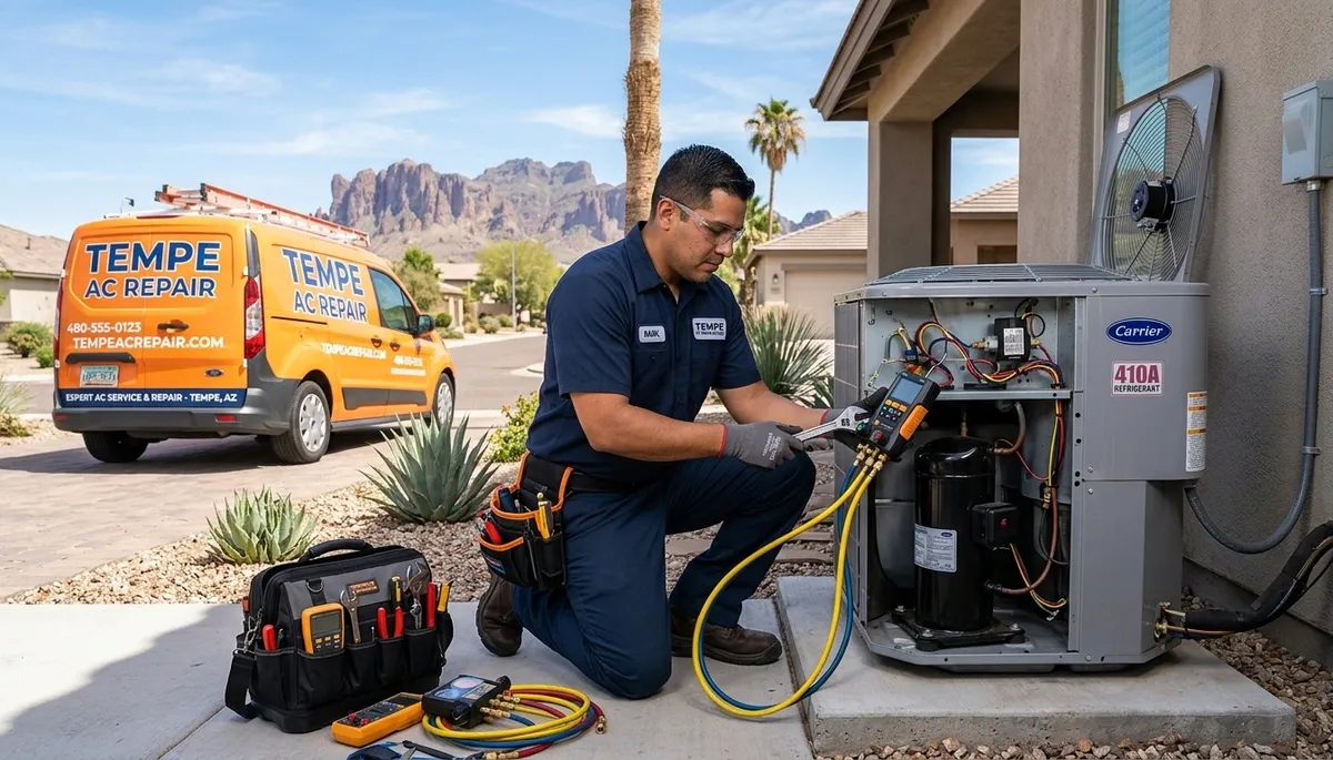 Professional AC repair technician servicing residential air conditioner in Phoenix AZ