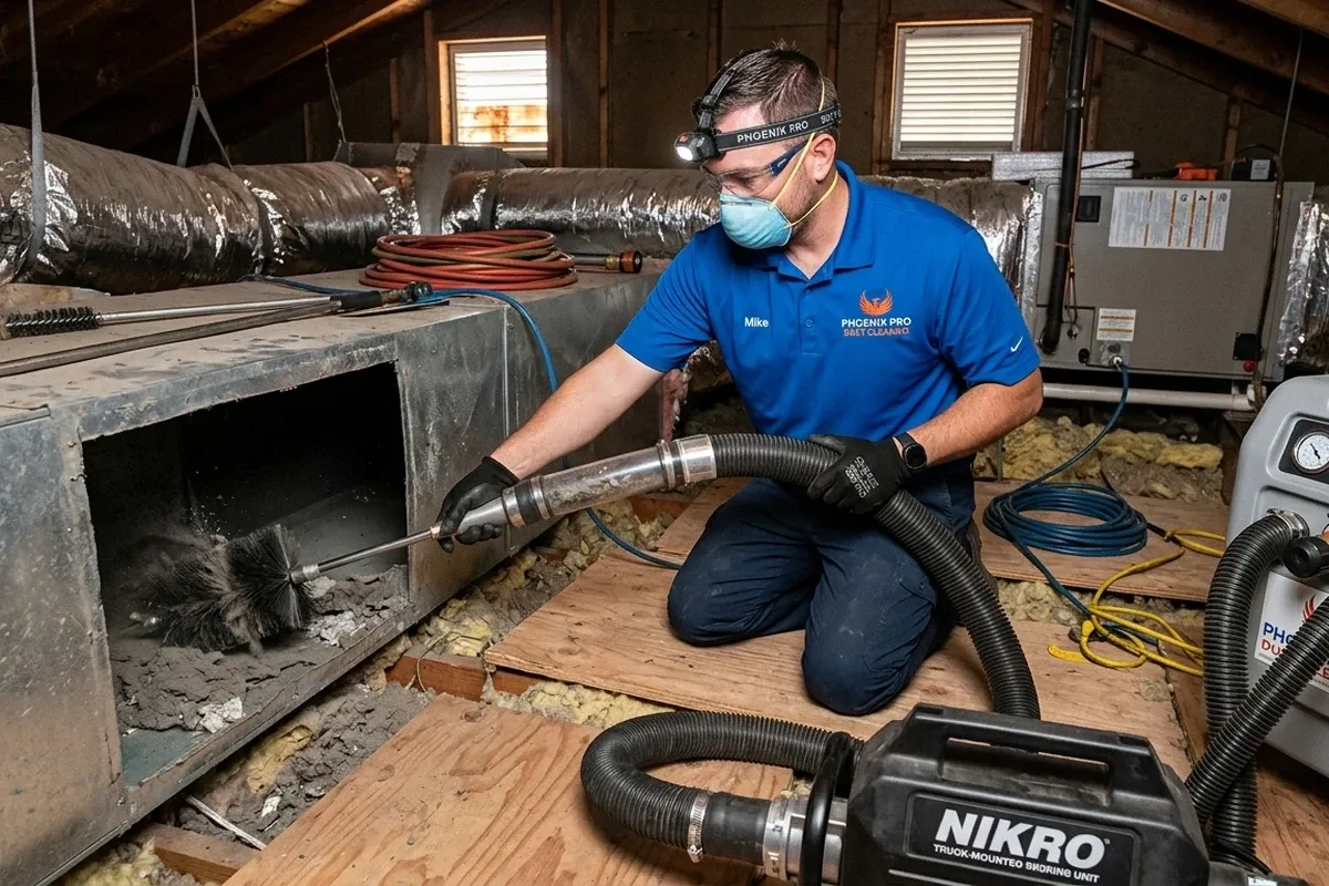 Technician performing professional air duct cleaning in Phoenix AZ home with advanced HVAC tools