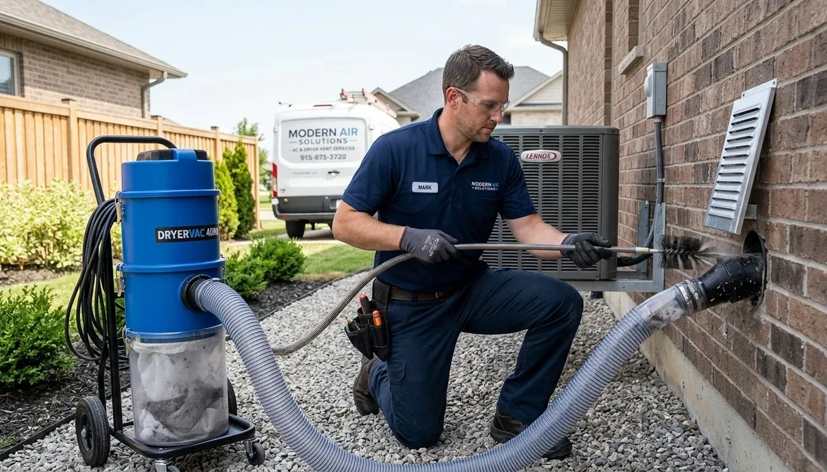 Technician cleaning residential dryer vent system in Phoenix AZ for improved airflow and home safety