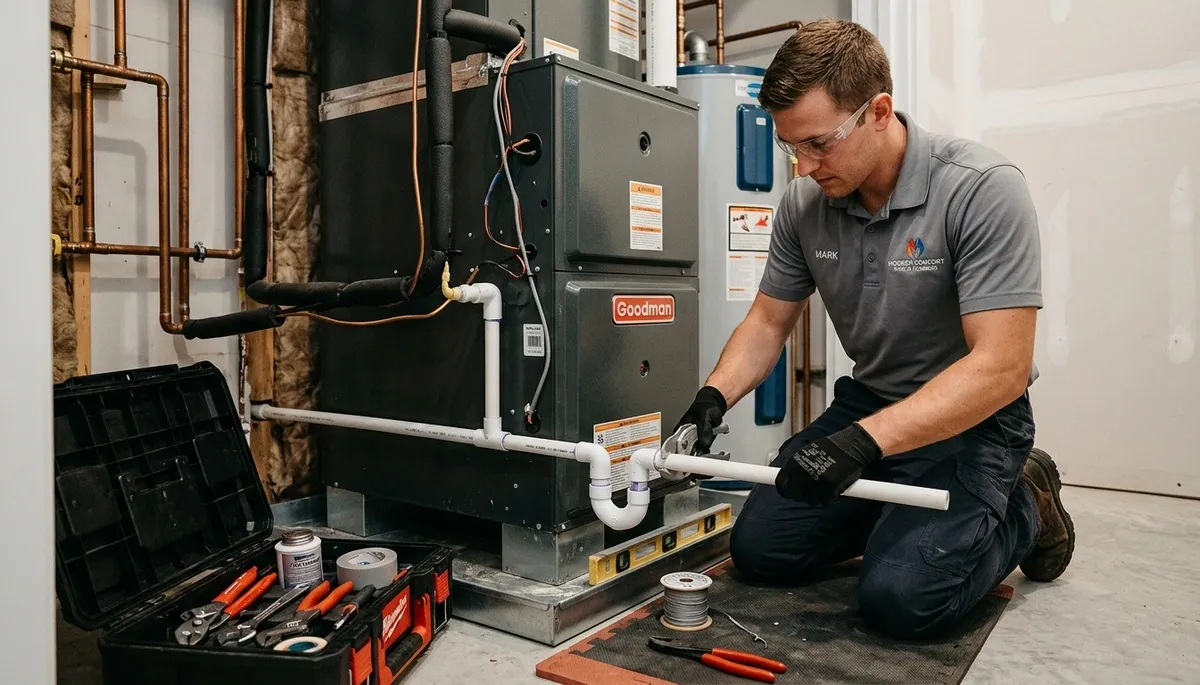 Technician repairing plumbing pipes and water lines in Phoenix AZ home for Five Star Cooling services